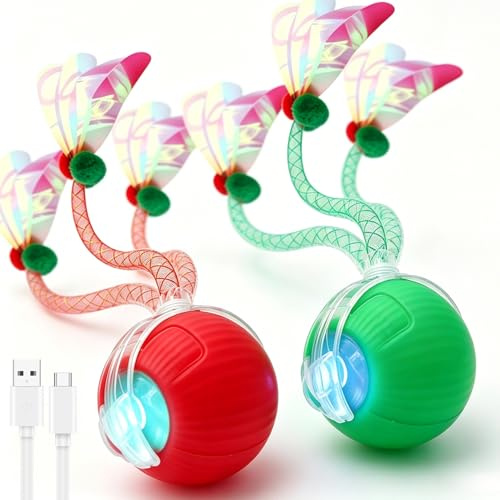 Jouet Chat Interactif 2 Pièces, Balle Automatique Qui Bouge Toute Seule Intérieur, Balle Roulante Intelligente avec Queue Speedy Tail 2.0, 3 Modes de Jeu, Recharge USB pour Chats et Chiens, Bleu Vert