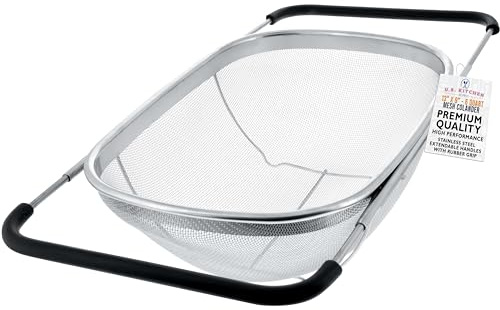 U.S. Kitchen Supply Stainless Steel Colander Strainer - 6-Quart Collapsible Colander with Expandable Rubber Handles - Rectangular Sieve, Fine Mesh Stainless Steel Strainers and Colanders for Kitchen