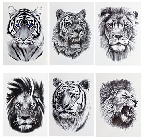 Sibba 3D Realistic Tiger Lion Temporary Tattoos 6 Sheets Waterproof Forearm Transfer Fake Tattoo Stickers Body Art Large Tattoo Sticker Animals Pattern Kits Easter Party For Women Men