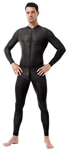 JEATHA Herren Overall Langarm Body Männerbody Einteiler Jumpsuit Bodysuit Unterhemd mit Reißverschluss Ganzkörperanzug im Schritt Unterwäsche Sportbody Reizwäsche Schwarz L
