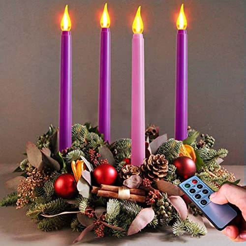 Abkshine Set of 4 Battery Operated Flameless Taper Candles for Advent Wreath - 3 Purple, 1 Pink - Flickering Candles for Home, Church, School Decor