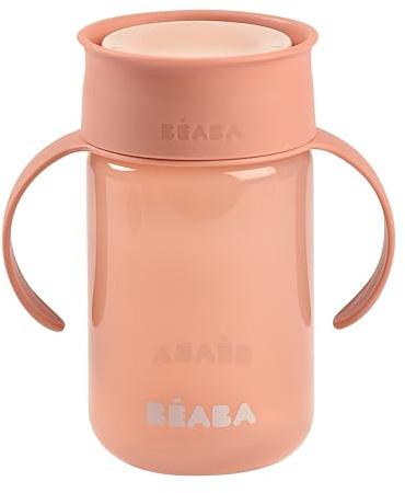 Béaba, Tazza di apprendimento 360° con disco antigoccia, sistema brevettato anti-fuga, da 12 Mesi, manici rimovibili, con coperchio igienico, solido e leggero, 340 ml, rosa