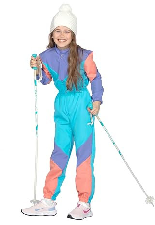 WILBERS & WILBERS 3210 - Retro Skianzug mit 80er Jahre Print, für Mädchen und Jungen, Skioverall, Schneeanzug, Karneval, Blau, 152