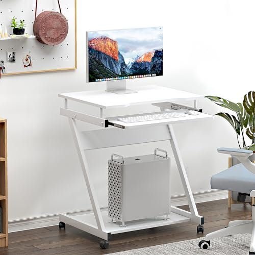 soges Escritorio para Ordenador con Ruedas, Escritorio Móvil, Mesa de Ordenador con Bandeja para Teclado Deslizante para Casa y Oficina, Color Blanco
