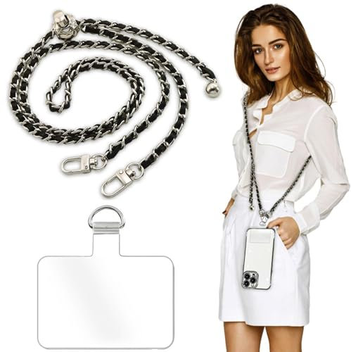 Ruzister Cadena para el cuello del teléfono móvil, cordón de piel + correa de hombro de metal, correa universal para teléfono móvil con parches para teléfono móvil, cadena universal