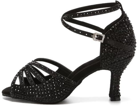 JUODVMP Sandali da Ballo con Strass da Donna Tacchi da Ballo Nero Glitterati Scarpe da Ballo Standard Latino-Salsa 7,5cm,39EU
