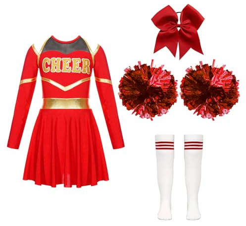 Agoky Enfant Fille Déguisement Pom Pom Girl Uniforme Pom-pom Girl Cheerleading Ensemble Robe Chaussettes Et Pompons Costume Carnaval Halloween A Rouge A 13-14 ans