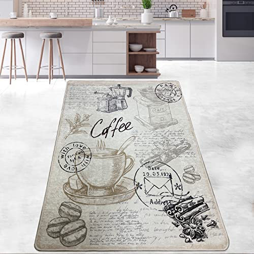 miqna Teppich Moderner Küchenteppich Gel Läufer Küchenläufer Grau Weiß Schwarz mit rutschfestem Bodenmuster mit Schriftzug Coffee Macchiato (Core, 80 x 200 cm)