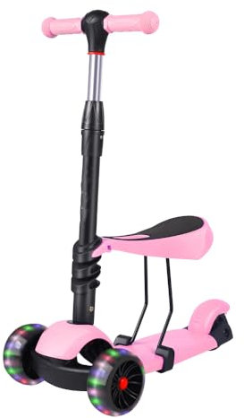 Kinderroller ab 2 Jahren, Roller Kinder mit Sitz, Kinder Roller mit LED Leuchtenden Rädern, Höhenverstellbare Kinderroller, Rosa