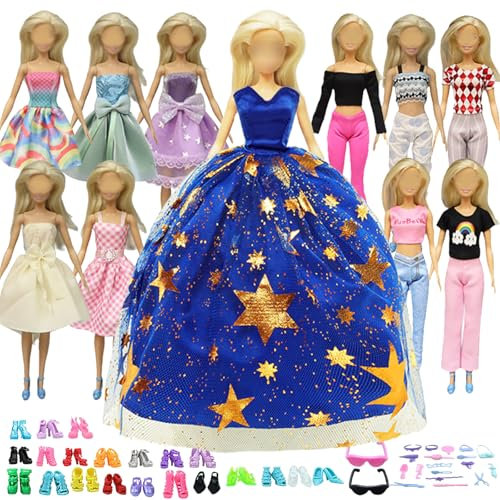 Bekleidungssets kompatibel mit Barbie Kleidung, 56-teilig, darunter 1 Kleid, 3 Modekleid, 3 Oberteile, 3 Hosen, 20 Schuhe, 18 zufällige Accessoires für Puppen von 29,9 cm (11,5 Zoll) zu Weihnachten,