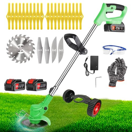 Débroussailleuse Electrique sans Fil 21V 4000Ah Coupe Bordure avec 2 Batterie et Chargeur Taille Bordure avec Roues & 3 Types De Lames,Légère à Faible Bruit pour La Coupe De Jardin, Pelouses Arbustes