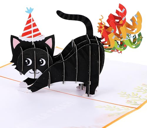 Dimeho Divertida tarjeta de cumpleaños de gato emergente, confeti de gato 3D, lindas tarjetas de cumpleaños hechas a mano, tarjetas de felicitación emergentes para mamá y papá gatos, regalos para