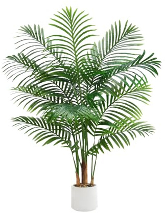 Artificial Palm Tree 4FT Faux Plants Indoor Tropical Fake Palm Tree Areca Floor Plant in White Pot with 13 Trunks & Real Bark Design, Faux Palm Plant for Outdoor Patio Home Room Office Decor