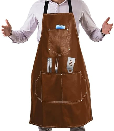 TTSTOIEE Kochschürze, Grillschürze für Männer und Frauen mit 5 Taschen Verstellbar, Grill Schürze für Küche, Restaurant, Cafe, Werkstattreparatur, Maschinenwaschbar sein PU Leder (Braun)