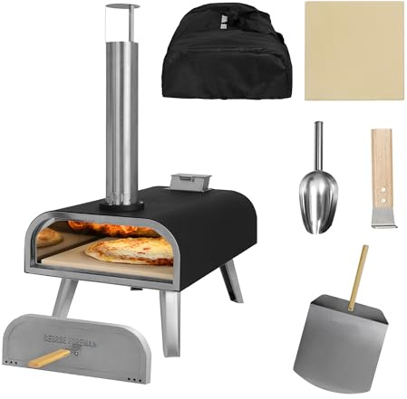 George Foreman Outdoor 16 Inch Wood Pellet Portable Wood Fired Pizza Oven Black with Paddle and Carry Bag, BBQ Oven & Smoker, Foldable Legs GFWPPO2BPC