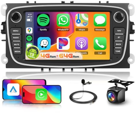 4G+64G Car Radio Stereo for Ford Focus II C-MAX S-MAX Galaxy II Mondeo DSP Wireless Carplay Android Auto, Hodozzy 7 HD IPS Touchscreen Radio Bluetooth 5.0 GPS WiFi FM/RDS SWC Reverse Camera