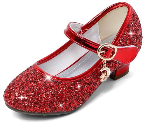 Cheerful Mario 5-10 Ans Chaussures Princesse Filles Paillettes Ballerines Mary Jane à Talon Scintillantes pour Enfant Rouge 32 EU