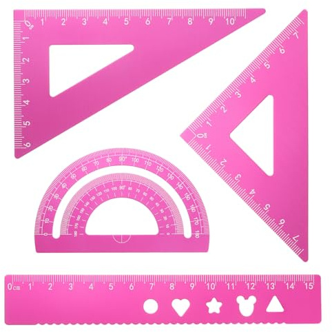 QUARKZMAN 4 stycken triangellinjaler set 15 mm aluminium linjal geometrisk gradskiva triangel linjal ingenjör skala tecken linjal kit för kontor hem, rosa