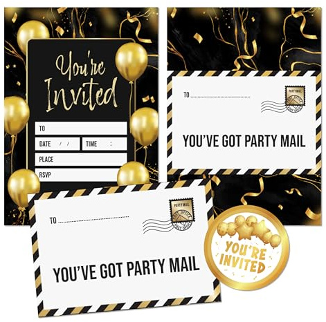 Kirsten McMillan 36 Black & Gold Balloon Birthday Invitations - A6 Birthday Party Invitations Cards for Adults – Invites Designed and Printed in the UK