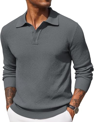 COOFANDY SuéTer Tipo Polo para Hombre De Manga Larga Punto Fino Sudadera Gris L