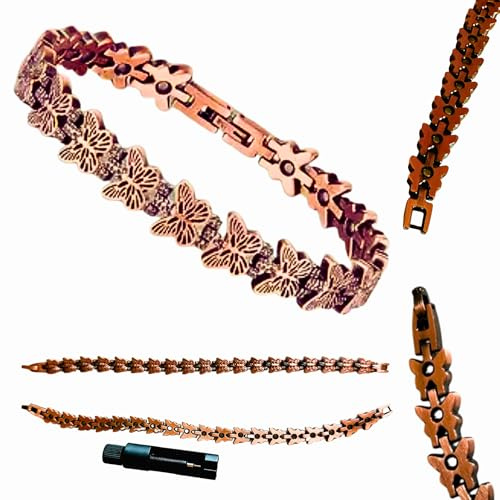 Pulsera de Cobre con Imanes – Brasalete Magnético con Diseño de Mariposas con Imanes Ultrafuertes – 99% Cobre Puro - Adaptable Longitud Ajustable con Herramienta – Alivio de Dolor y Circulación