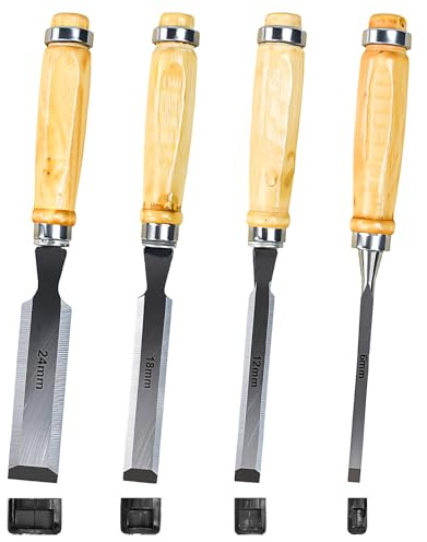 Huucozn 4tlg. Stechbeitel set für Holz Stemmeisen Holzbearbeitungswerkzeuge Scharfes Stecheisen Set 6, 12, 19, 24mm Stecheisen Holzmeißel Stecheisen Set für Holzbearbeitung DIY Woodworking Tools