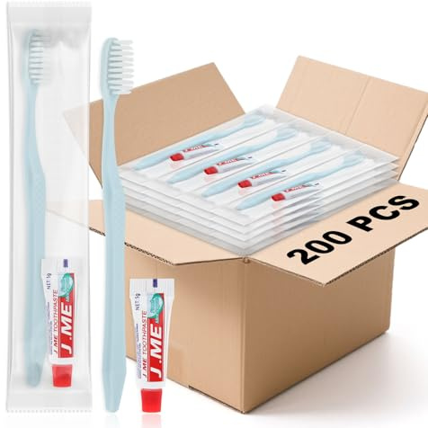 Engångsrese tandborste, ljusblå tandborste och tandkräm, individuellt förpackad, lämplig för hotell, hem, camping och resor (200-pack)
