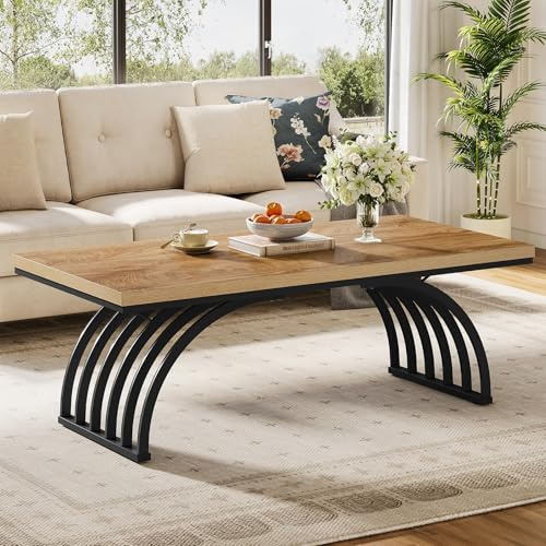 Tribesigns Table basse 120 cm, table basse industrielle avec pieds en métal, table d'appoint moderne en bois, table à thé pour la maison et le bureau, marron clair