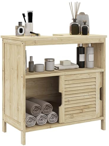 HOMCOM Mueble Bajo Lavabo de Bambú, Armario Debajo de Lavabo con Puertas Correderas de Lamas, Compartimento Abierto, Estilo Moderno, 60x30x60 cm, Natural