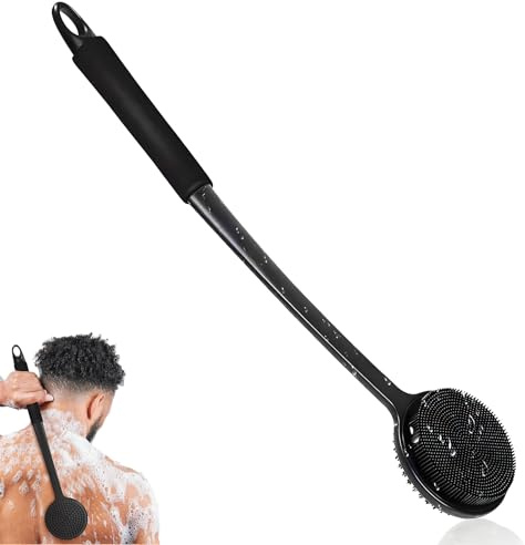 Motswedi Cepillo Espalda Ducha, con Mango Largo, Cepillo Exfoliante Corporal, Resistente al Moho, Silicone Scrubber, Masaje para Piel Sensible, Mujer Hombre Negro