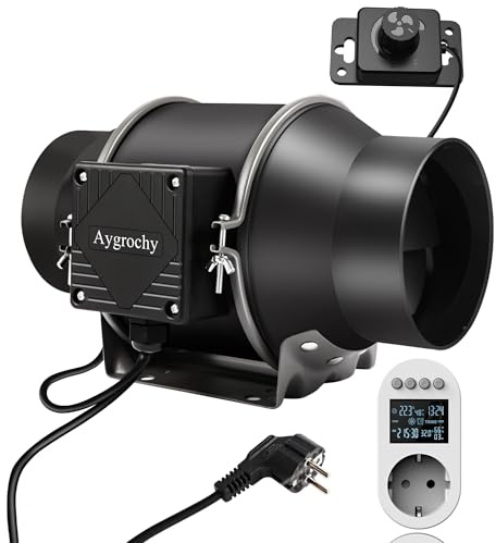 Aygrochy Justerbar luftdragare 150 mm frånluftsfläkt 688 m³/h, strömuttag med timer, fördröjning och temperatur- och fuktighetssensorer för hydrokulturen, Belüftung.
