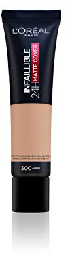 L'Oreal Paris Cover Liquid Foundation, con 4% niacinamide, lunga durata, finitura naturale, disponibile in 20 tonalità, SPF 25, copertura opaca 32H infallibile, tonalità 300, 30 ml