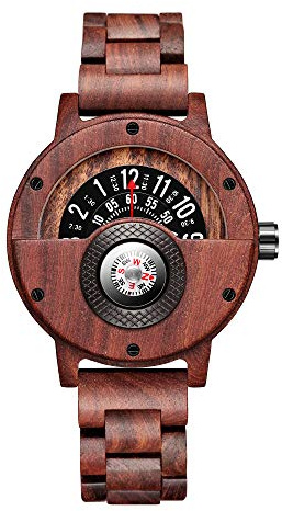GORBEN Reloj de pulsera de madera para hombre con brújula giratoria, correa de cuero de ternera, hecho a mano, reloj de cuarzo deportivo en caja de regalo