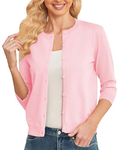 CUNYI Damkofta 3/4 ärm cardigan kort tröja lätt casual basic stickad stickad kappa med knappar, ROSA, M