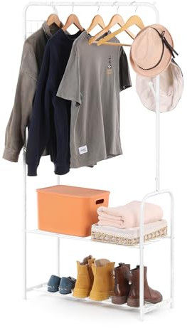 UOMIO Garderobenständer Weiß Kleiderständer aus Metall Freistehender Kleiderstange mit 2 Ablagen für Schuhe und Boxen Minimalistisches Kleiderständer Stabil für Home Schlafzimmer Wohnzimmer