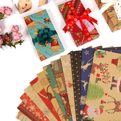 LAITER 12Blatt Geschenkpapier Weihnachten 70x50CM Weihnachtsgeschenkpapier Recycling Weihnachtspapier Geschenkpapier Kinder mit Aufklebern und Geschenkanhänger für Weihnachten Geschenkverpackung