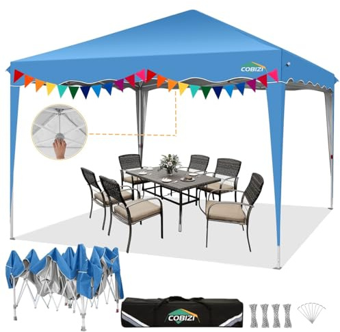 COBIZI Faltpavillon 3x3 Pop Up Pavillon 3x3 Wasserdicht Stabil One Push UV-Schutz Outdoor Partyzelt Wellige Traufe Festzelt Zelt Gartenpavillon Pavillion Klappbar 3x3m Mit Tragetasche, Blau
