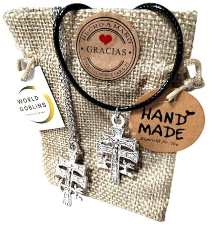 WORLD GOBLINS Collares Cruz de Caravaca, 2Pcs. Gargantilla Protección Cadena de Acero Inoxidable y Cuero Encerado 48cm. Regalo Parejas, Hombre Mujer. Joyería, Regalo Original. (Cruz Caravaca- 2 Unds)