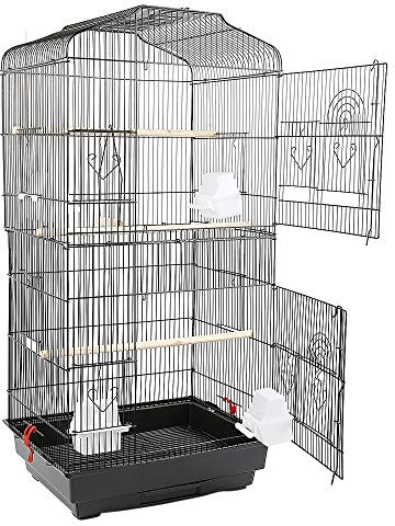 Cage Volière pour Oiseaux, Perroquets, Inséparables, Perruches et Volatiles - Toit Ouvrant et Mangeoires en Bois - 46 * 36 * 92cm (Noir)