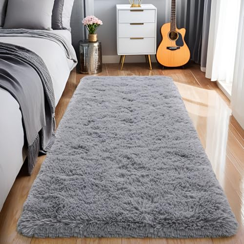 BSGIFT Tapis Descente de Lit 80x150, Tapis Poil Long Moelleux pour Chambre & Salon, Rug Chevet & Canapé, Décoration Moderne Antidérapante - Gris foncé