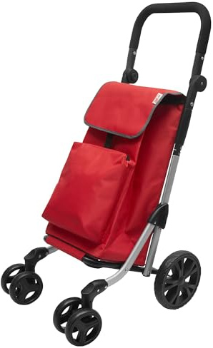 Carro de la compra con 4 ruedas giratorias, bolsas fabricadas en textil junto con recubrimiento isotermico interior para proteger los productos frescos. Asa ajustable y bolsillo con cremallera. (ROJO)