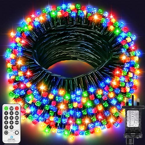JXLEDAYY 60M 500 LED Fairy Lights Outdoor Green Wire Christmas Lights Plug in Waterproof String Lights Mains Powered with Remote Timer 8 Modes for Outside Garden House Party Decorations-Multicolor