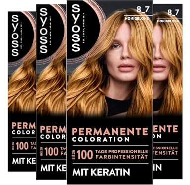 SYOSS Coloration 8_7 Honigblond (4x 115 ml), permanente Coloration mit Keratin verleiht bis zu 100 Tage professionelle Farbintensität, 100% Grauabdeckung