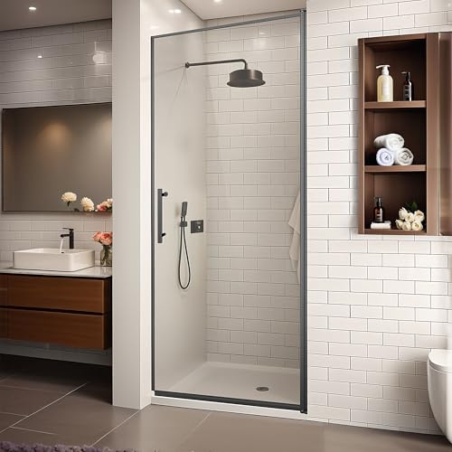 36 Wx72 H Frameless Reversible Pivot Shower Door, 1/4 Clear SGCC Tempered Glass, 304 Stainless Steel Hardware, Water Protection Seal Stripes Plus Glass-Fixing Aluminum Stripe