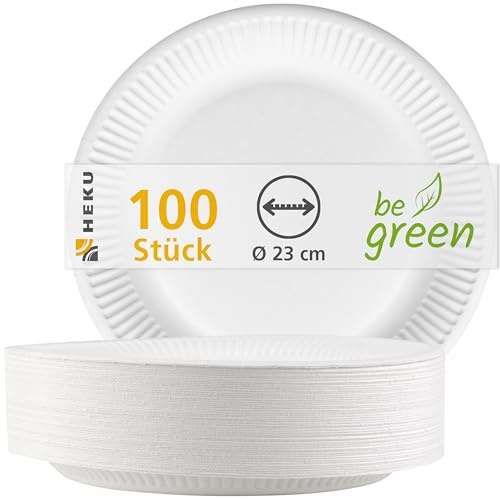 HEKU Einwegteller aus Pappe, Ø 23 cm, 100 Stück – stabile 220g/m² Frischfaser – 100% kompostierbar & umweltfreundlich – weiße Pappteller für Partys, Feiern & Feste, Weiß