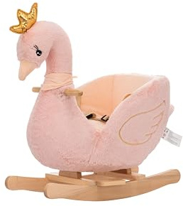 NINODOVAE Kids Rocking horse, Swan Plush ride on Wooden Rocker for kids 12-36 months Pink