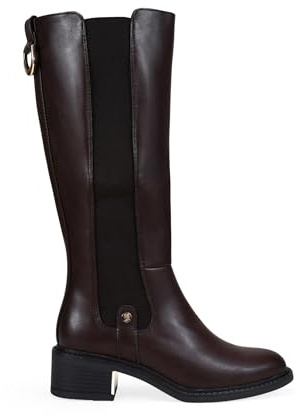 BOSANOVA Botas Altas para Mujer con elástico en la caña, Tirador metálico y Suela Plana con tacón Ancho con Pieza metálica. Cierre con Cremallera. Calzado para Mujer Marron 39