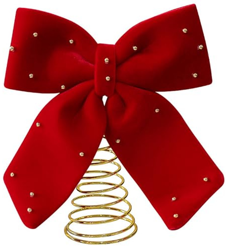 Punta per albero di Natale con fiocco, punta per albero di Natale con fiocco rosso e base in metallo per feste di al chiuso e all'aperto