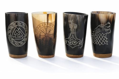 TATLA CRAFT 4-pack hornbecher – Graverade becher av naturmaterial – Dryckeskärl för Viking Met Tankard OX Mugs Cup Set Viking Drinking Buffalo Viking Becher Medeltids Humpen