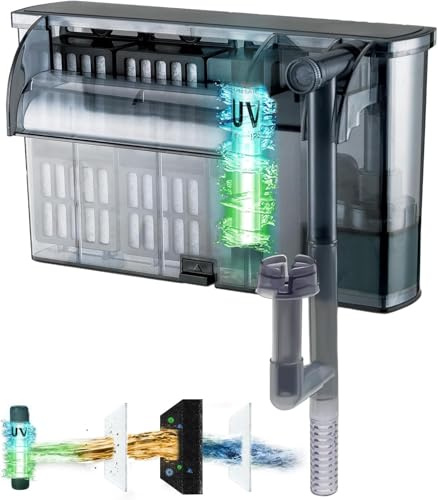 Tararium 1000L/H Hang-on-Back Aquarium Filter with UV Light – Multi-Stage Filtration & Surface Skimmer for 150-400L Tanks – Adjustable Flow, Extendable Intake – Freshwater & Saltwater